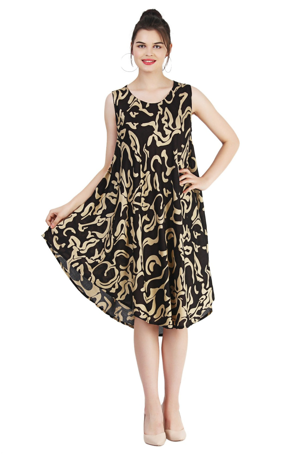 New Women Round Neck Abstract Print Umbrella Dress Free Size