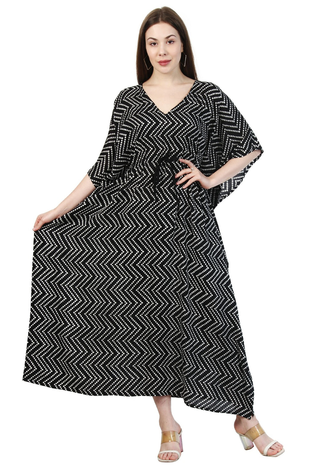 New Women Zig Zag Dot Print Rayon Kaftan with Drawstring Free Size