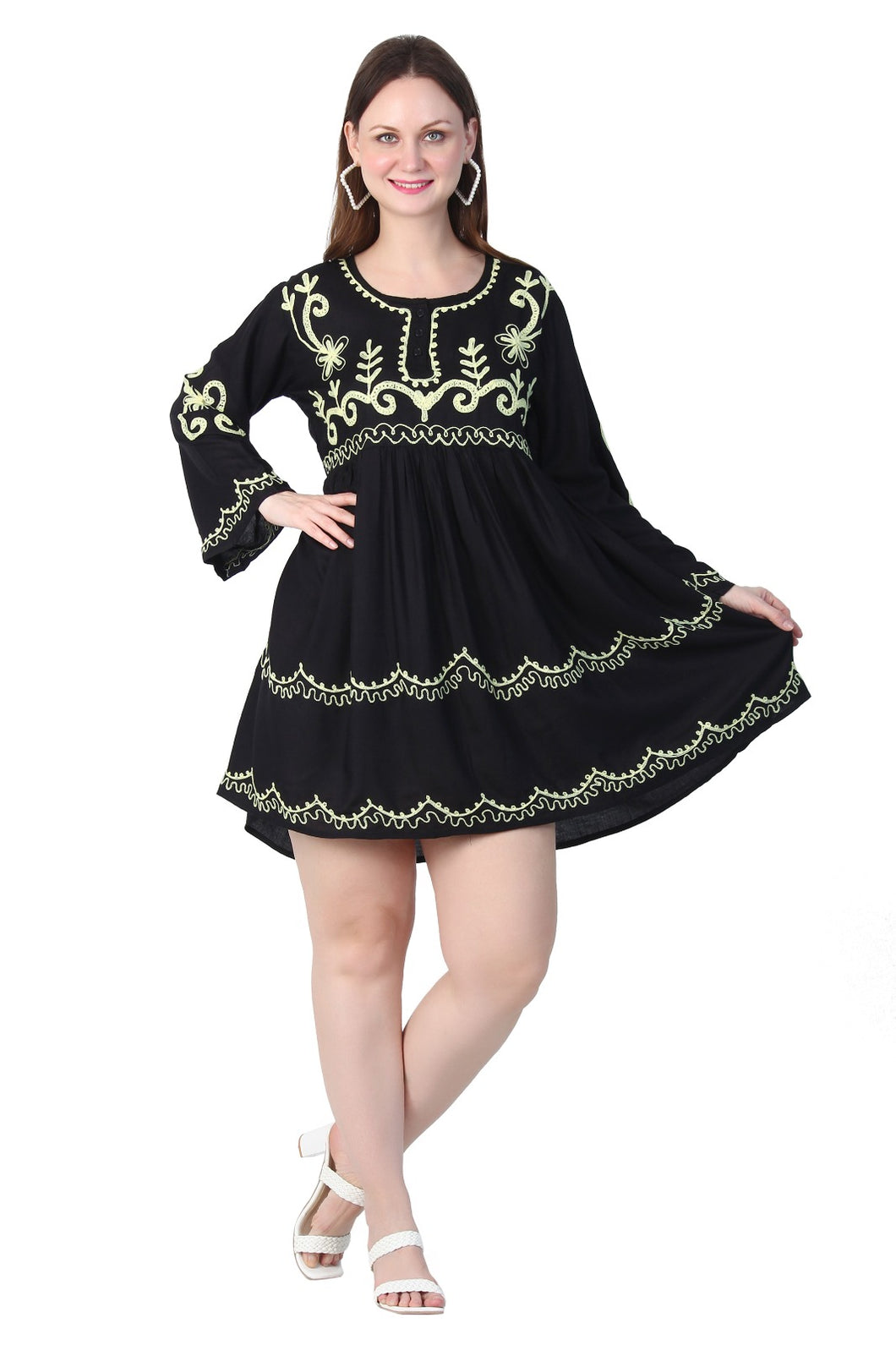 New Women Round Neck Design Embroidery  Rayon Mini Dress