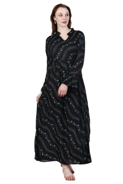 New Women Flower Print Long Sleeve Rayon Maxi Dress