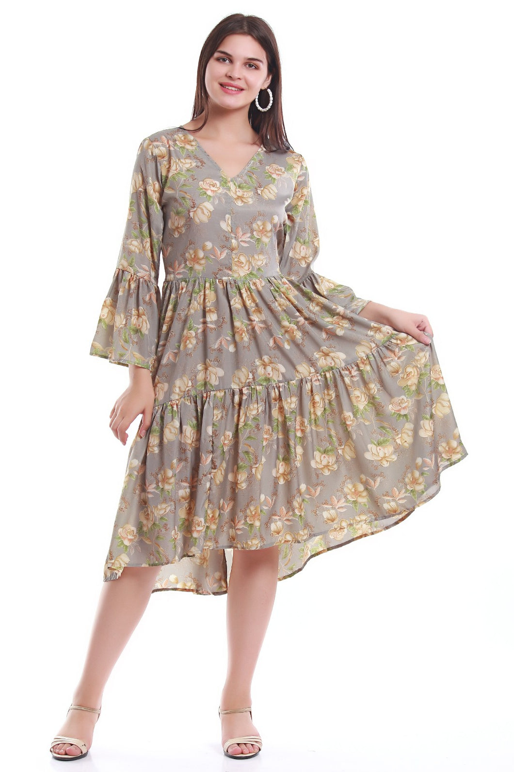 New Women Floral V Neck Long Sleeve Summer Midi Dress