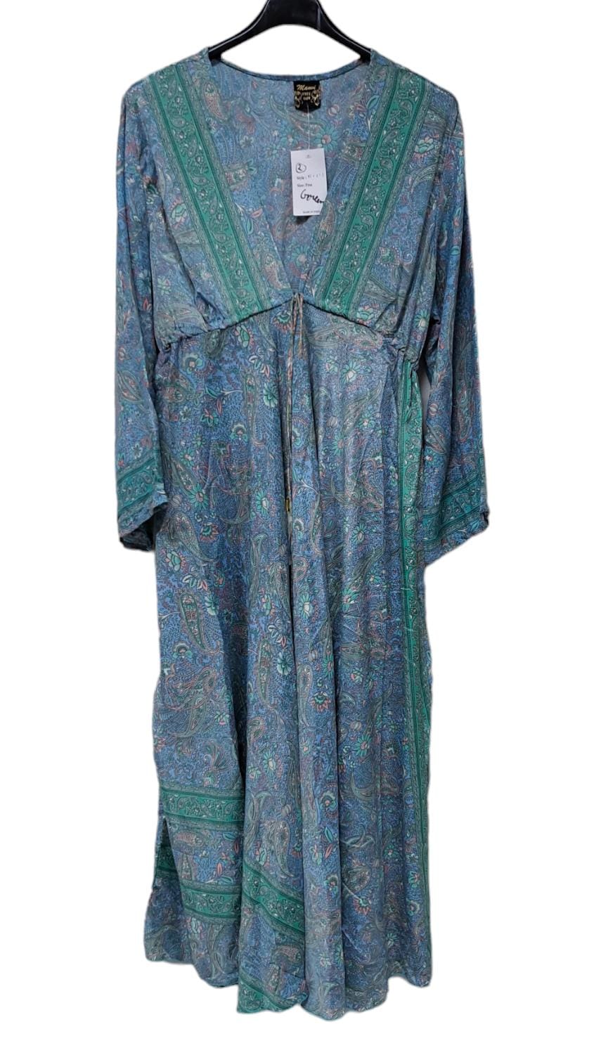 Women Paisley Print V-Neck Long Sleeve Silk Dress One Size