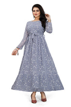 Load image into Gallery viewer, New Women Long Sleeve Small Floral Print Belt Design Maxi Dress
