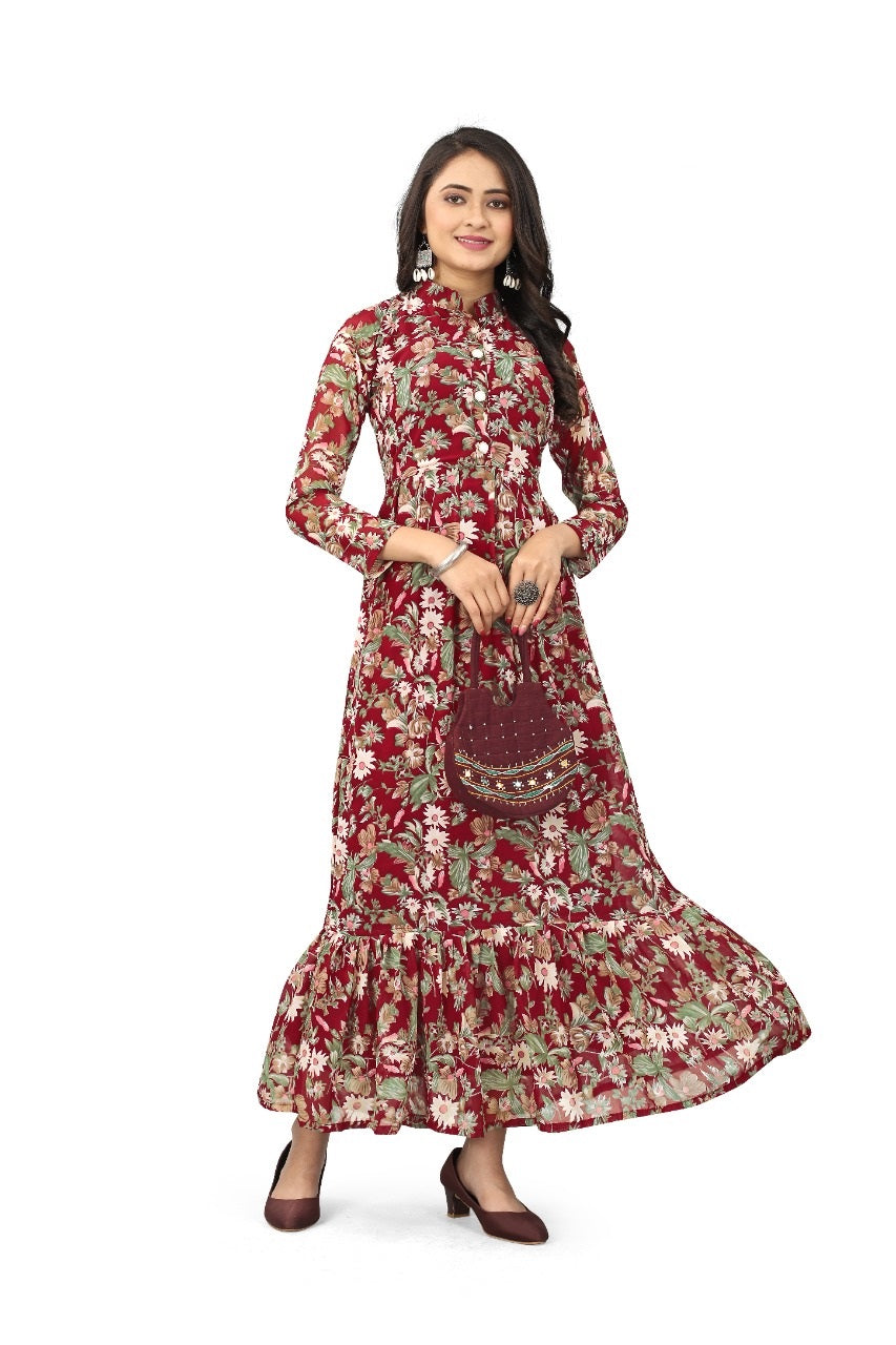 New Women Floral Casual Long Sleeve Georgette Maxi Dress