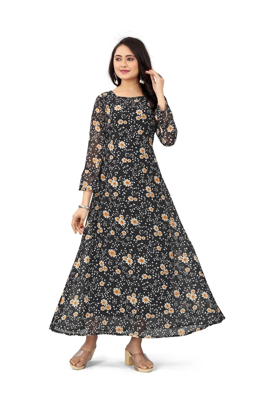 New Women Small Floral Print Casual Long Sleeve Maxi Dress