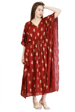 Load image into Gallery viewer, New Women V Neck Paisley Floral Print Rayon Kaftan with Drawstring Free Size
