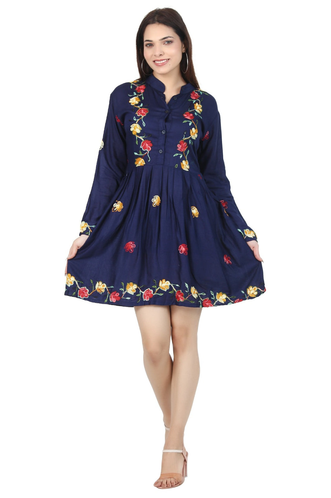 New Women Emb. Floral Long Sleeve Knee Length Rayon Dress