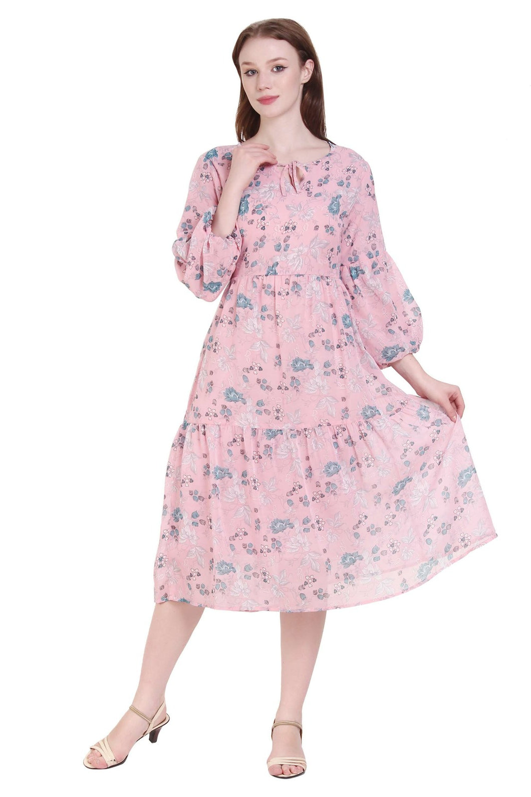 New Women Floral Print Round Neck 3/4 Sleeve Midi Long Casual Dress A-Line