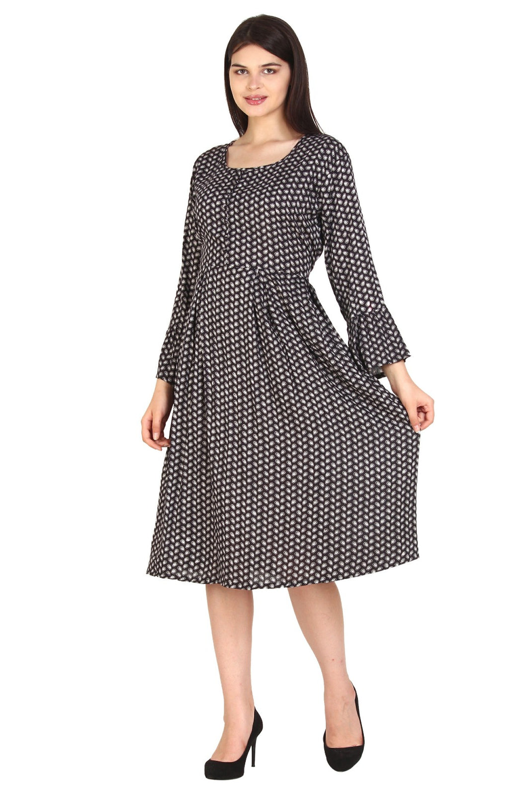 New Women Small Paisley Print Round Neck Long Sleeve Casual Midi Dress