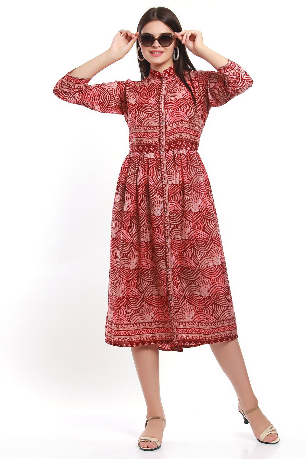 New Women Stripe Print Rayon Long Sleeve Midi Dress