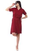 Load image into Gallery viewer, Women Short Sleeve Rayon Front Button Belt Midi Dress
