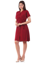 Load image into Gallery viewer, Women Short Sleeve Rayon Front Button Belt Midi Dress
