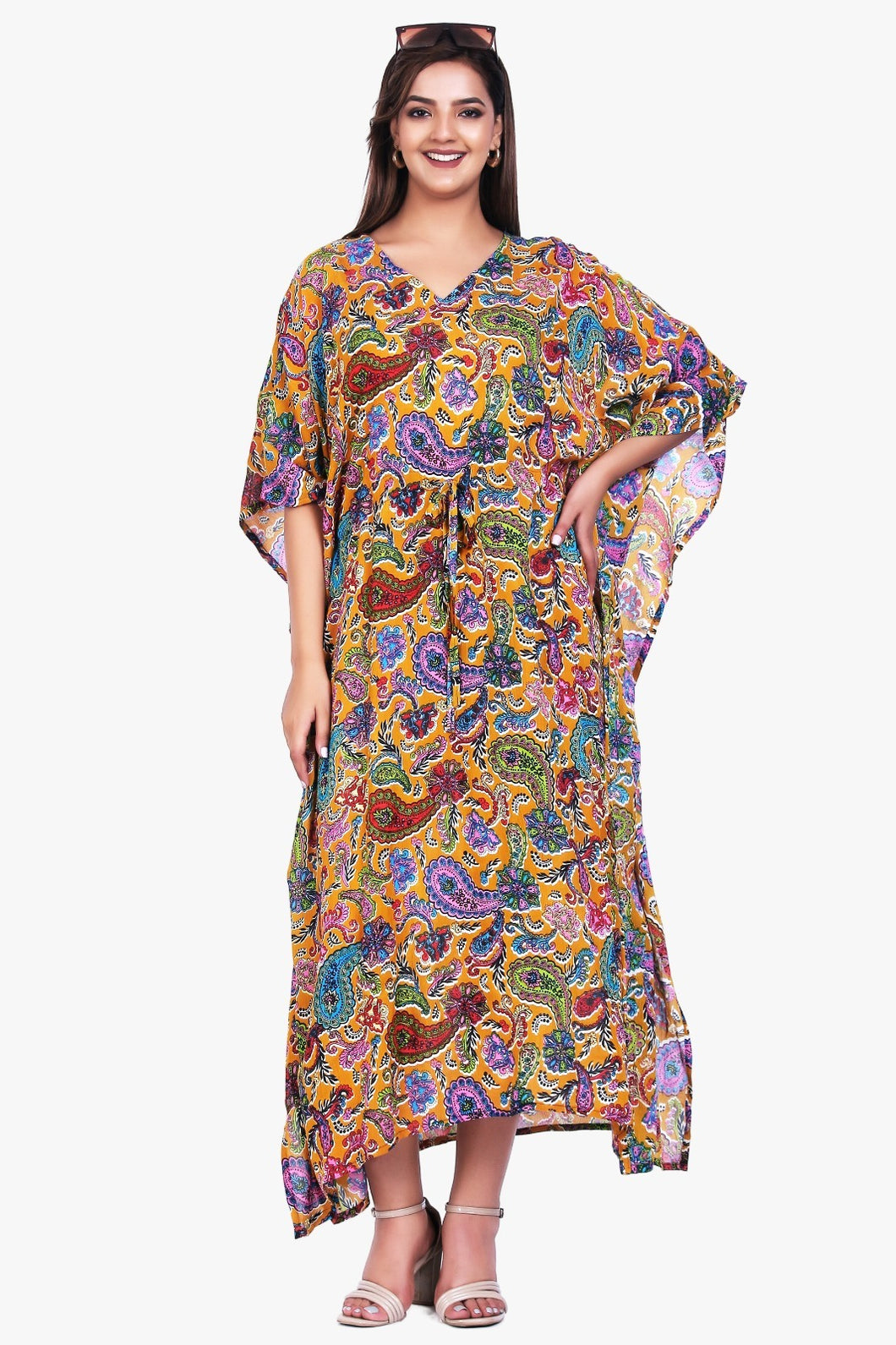 New Women Paisley Print Casual Summer Beachwear Kaftan with Drawstring Free Size