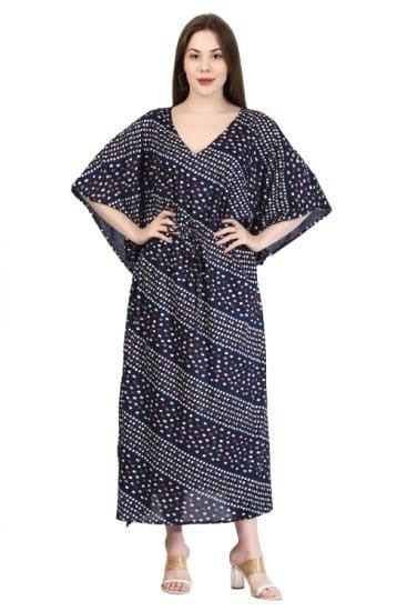 New Women Block Stripe Design Rayon Maxi Kaftan with Drawstring Free Size