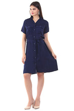 Load image into Gallery viewer, Women Short Sleeve Rayon Front Button Belt Midi Dress
