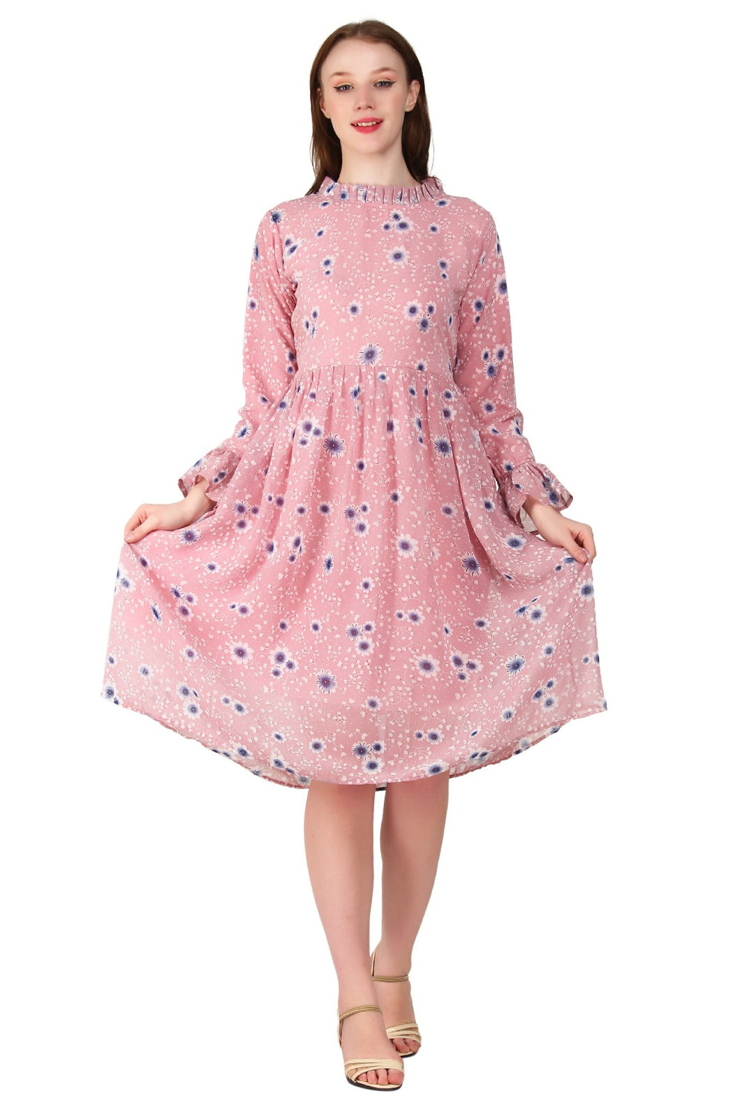 New Women Round Neck Long Sleeve Floral Rayon Midi Dress