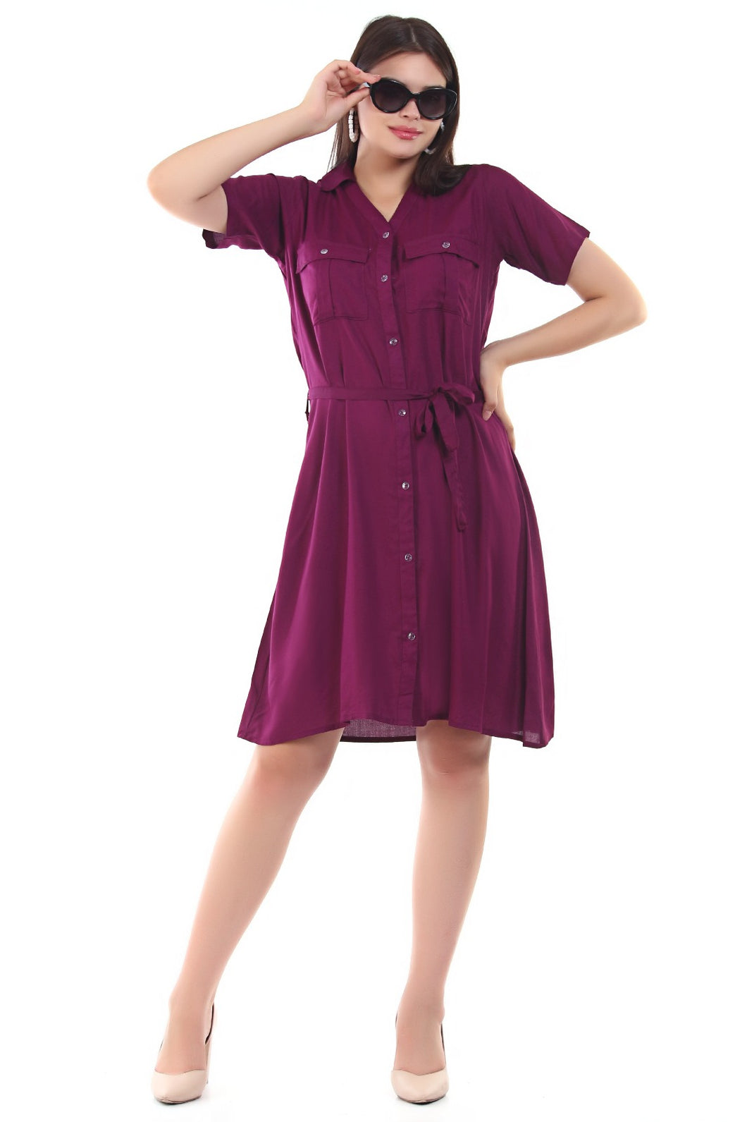 Women Short Sleeve Rayon Front Button Belt Midi Dress