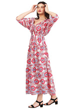 Load image into Gallery viewer, New Women V-Neck Long Sleeve Printed Silk Maxi Dress Free Size
