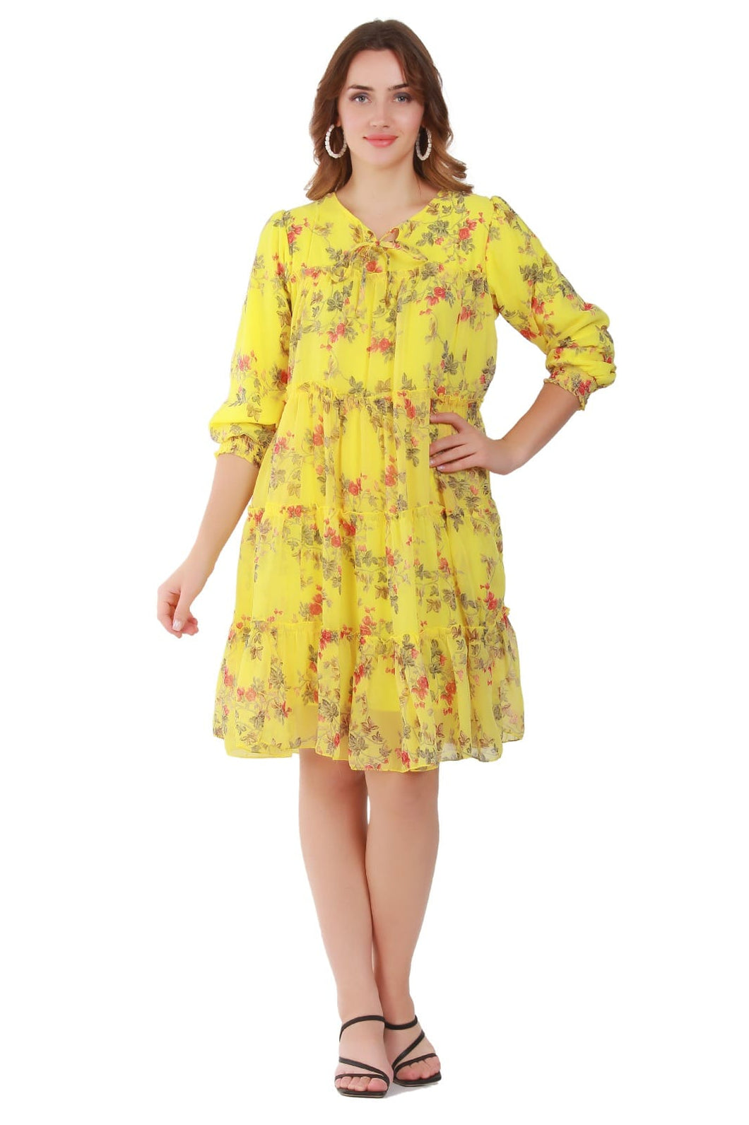 New Women 3/4 Sleeve Flare Polyester Floral Print Casual Mini Party Dress