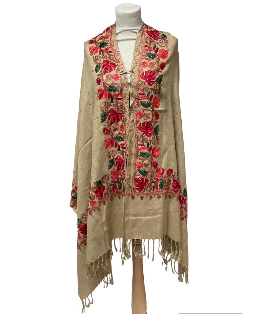 New Women Embroidery Floral Border Shawl with Beads Casual Shawl