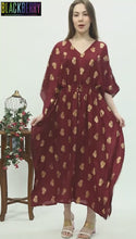 Load and play video in Gallery viewer, New Women V Neck Paisley Floral Print Rayon Kaftan with Drawstring Free Size
