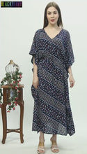 Load and play video in Gallery viewer, New Women Block Stripe Design Rayon Maxi Kaftan with Drawstring Free Size
