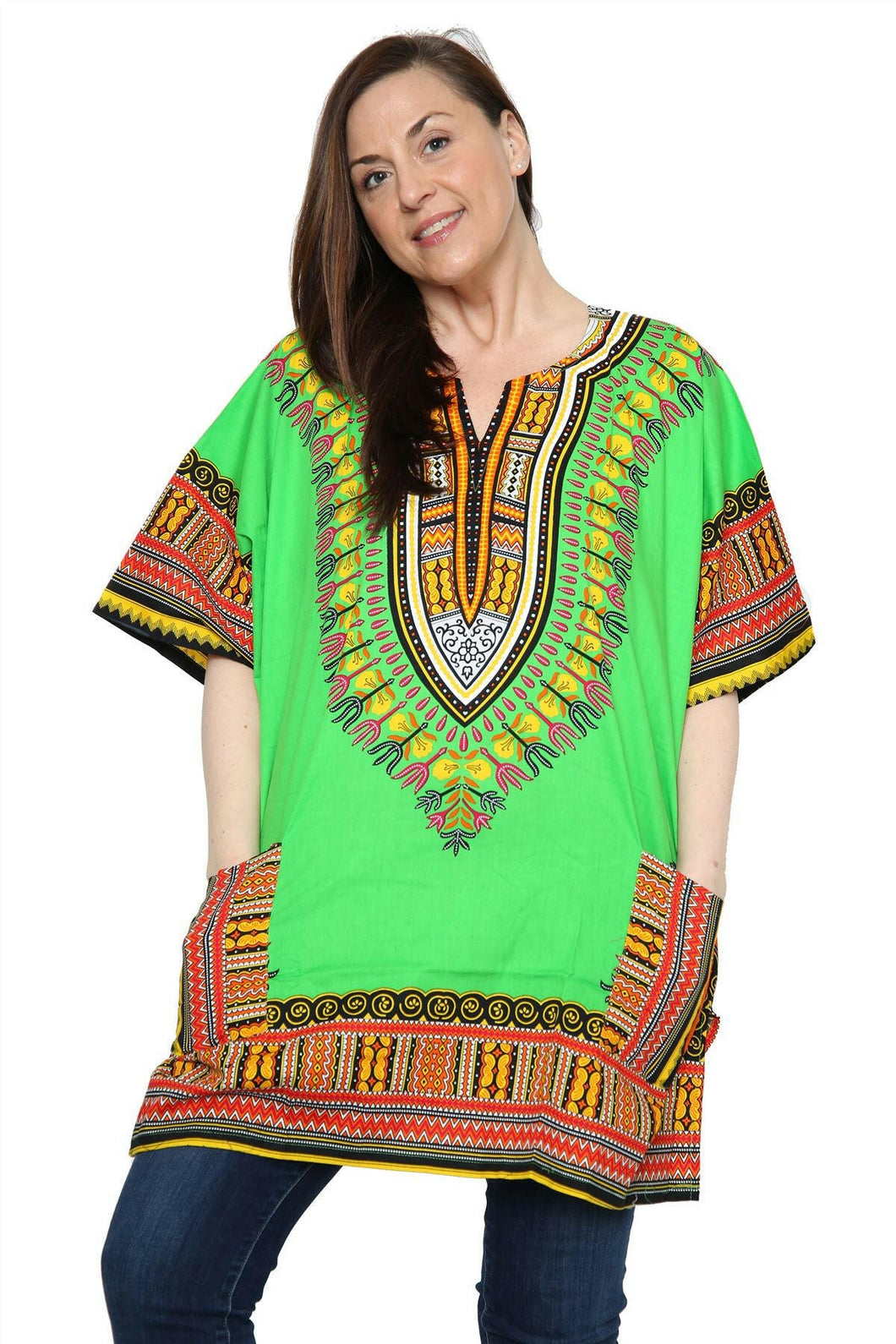 Ladies Short African Kaftan With Dashiki Print Pockets 100% Cotton UK